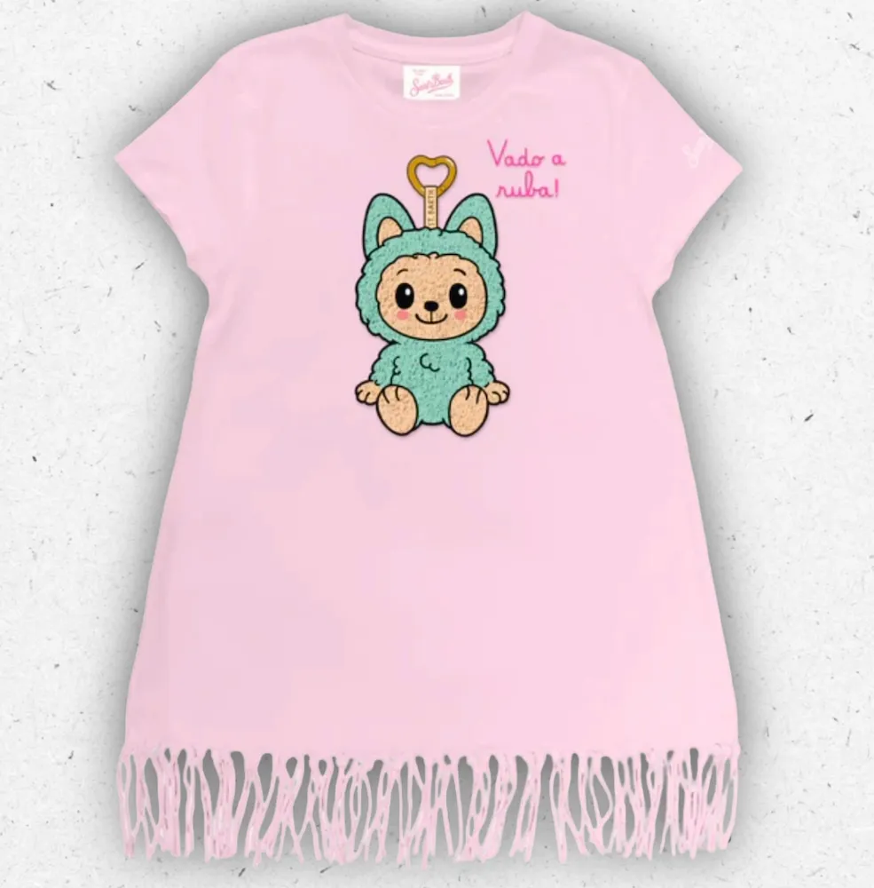 Abito da bambina Abbey MC2 Saint Barth rosa in cotone con stampa Labubu verde in patch bouclè e orlo sfrangiato.