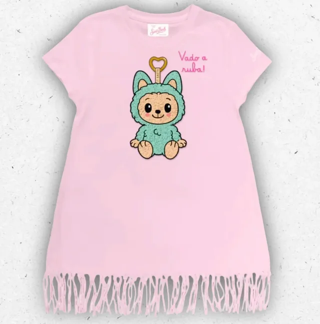 Abito Abbey Labubu MC2 Saint Barth Rosa in Cotone con Stampa Labubu Verde Bouclè