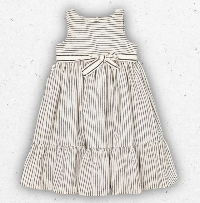 Abito Bambina Maperò in Cotone Bianco a Righe Grigie con Fiocco 2-6 Anni