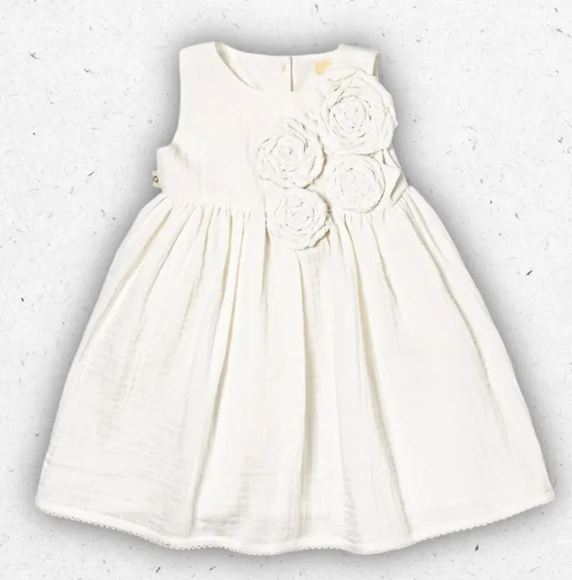 Abito Bambina Maperò in Garza di Cotone Panna con Rose Applicate 2-6 Anni