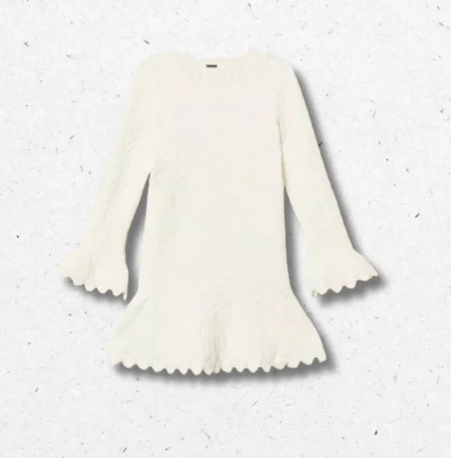 Abito Corto Baby Twinset Bianco Neve in Maglia a Trecce