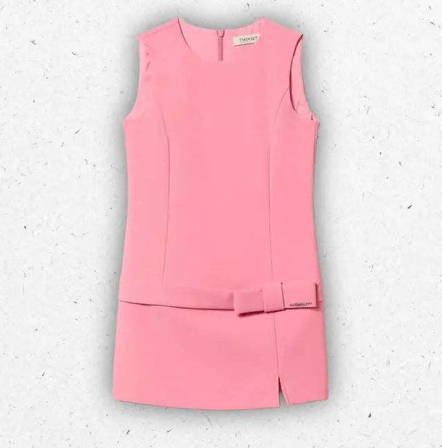 Abito Corto Ragazza Twinset Rosa Aurora Pink in Crêpe con Fiocco e Linea Fitted