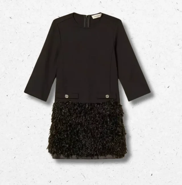 Abito Corto Twinset Ragazza Nero con Dettaglio Faux Fur