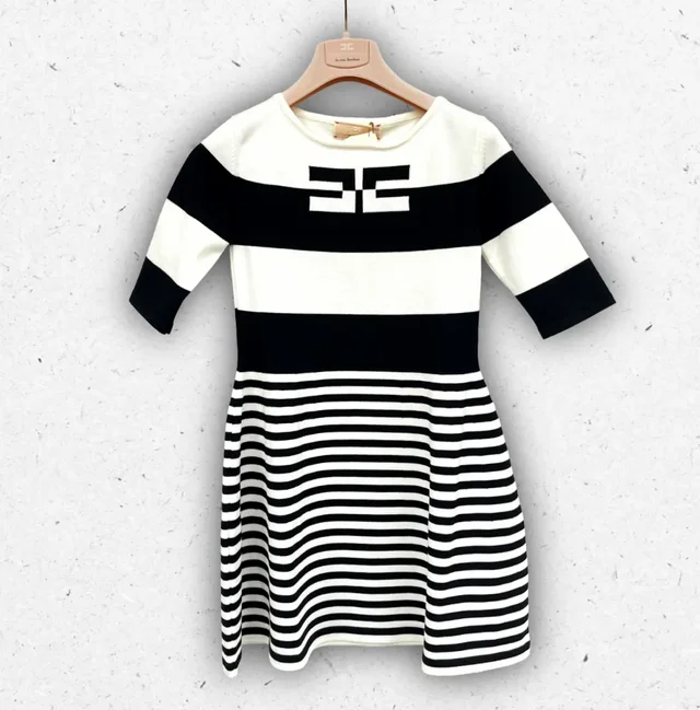 Abito Elisabetta Franchi La Mia Bambina Bicolore Nero e Avorio con Cintura Gioiello