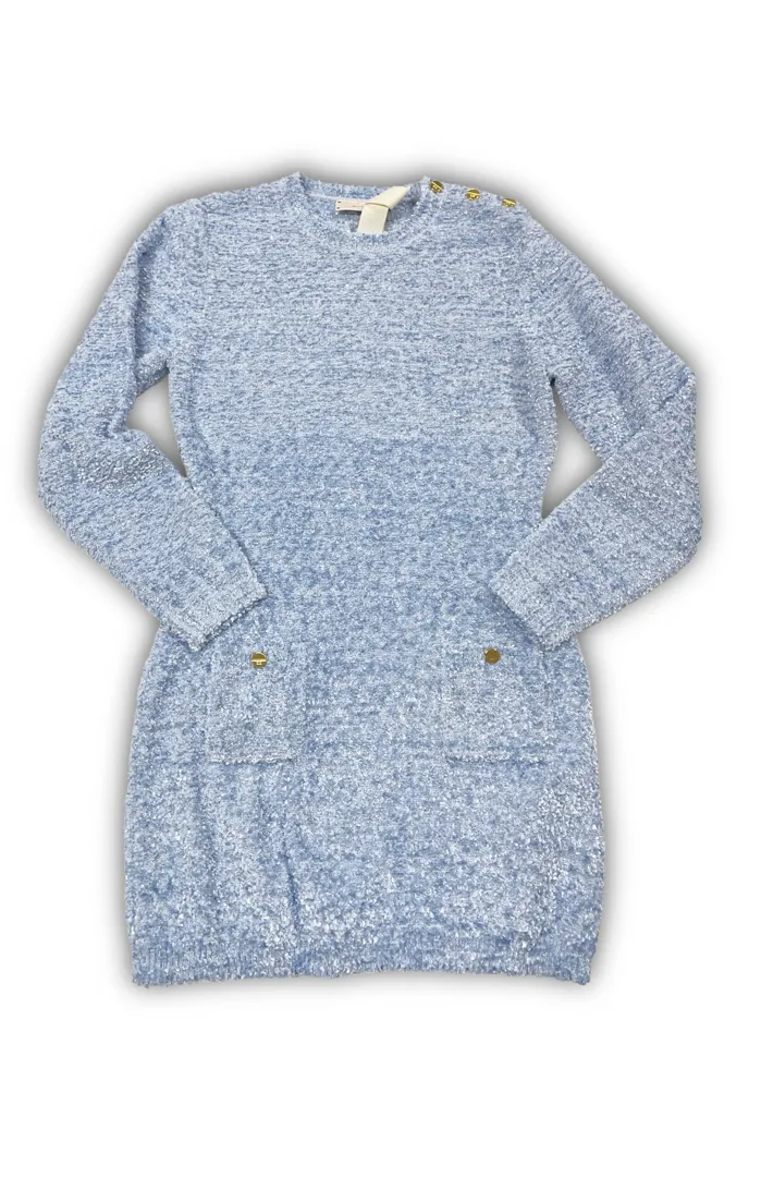 Abito Elisabetta Franchi in maglia bouclé per ragazza, colore celeste o nero, con bottoni decorativi color oro e tasche applicate.