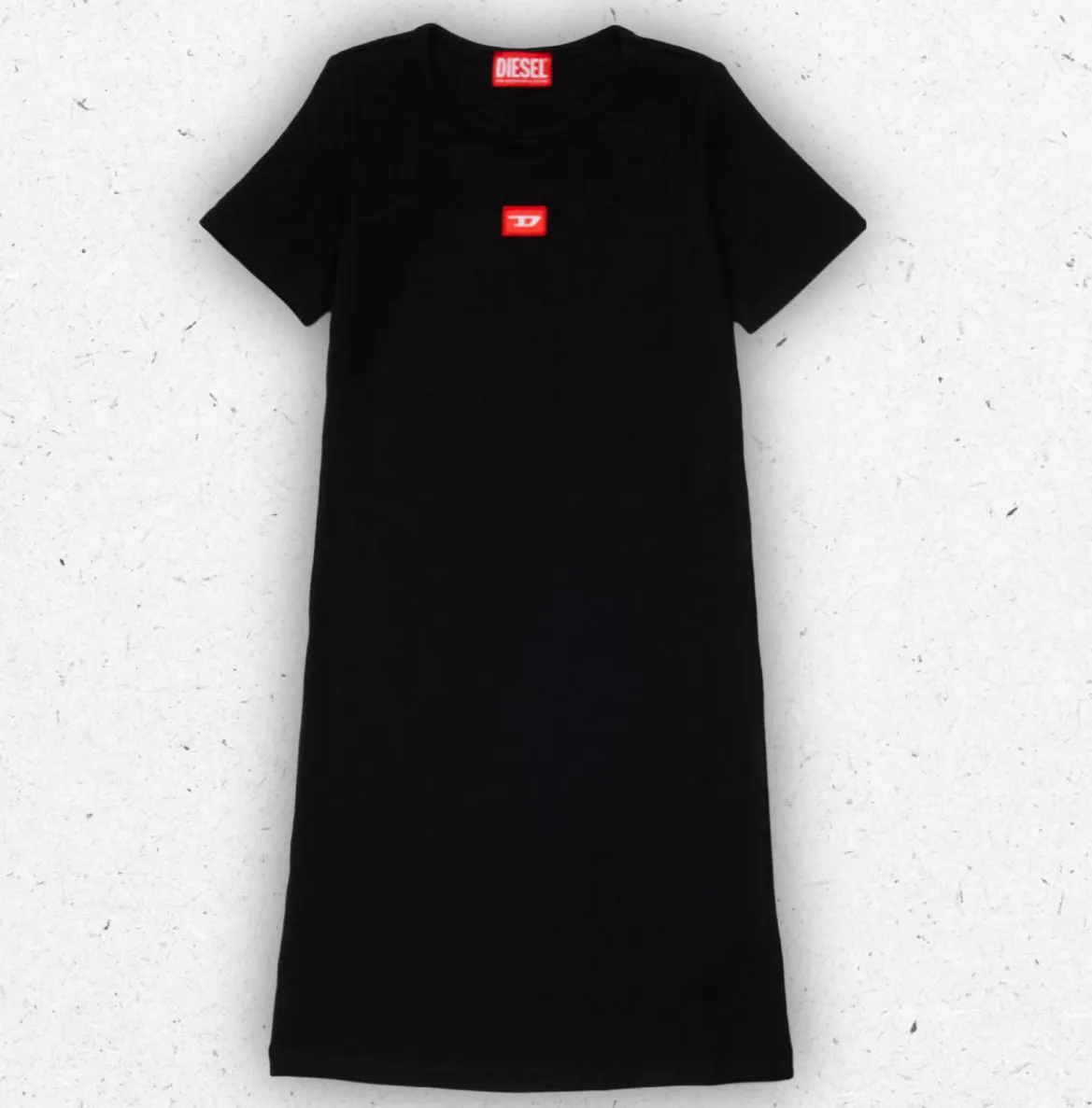 Abito midi da ragazza Diesel Junior a maniche corte in cotone elasticizzato con patch logo D frontale.