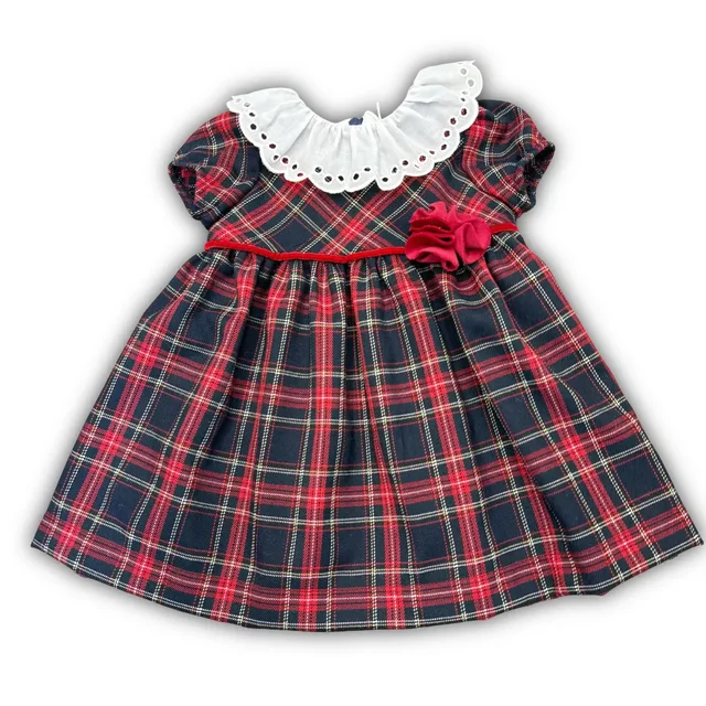 Abito Natalizio Lalalù per Neonata - Tessuto Tartan Scozzese Rosso e Blu