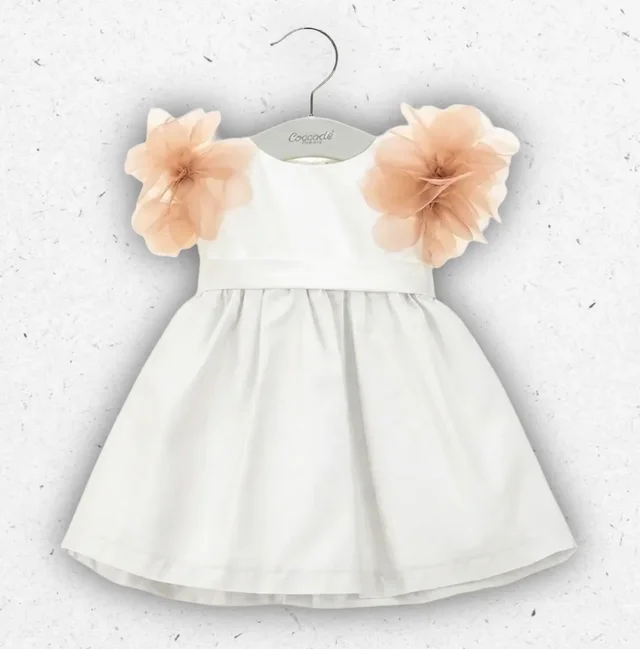 Coccodè Firenze Abito Neonata Coccodè in Rasatello Bianco con Fiori Rosa sulle Spalle 6-18 Mesi