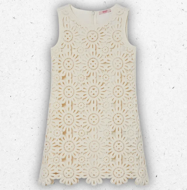 Abito Ragazza Liu Jo in Macramè Beige di Cotone con Fodera in Tono