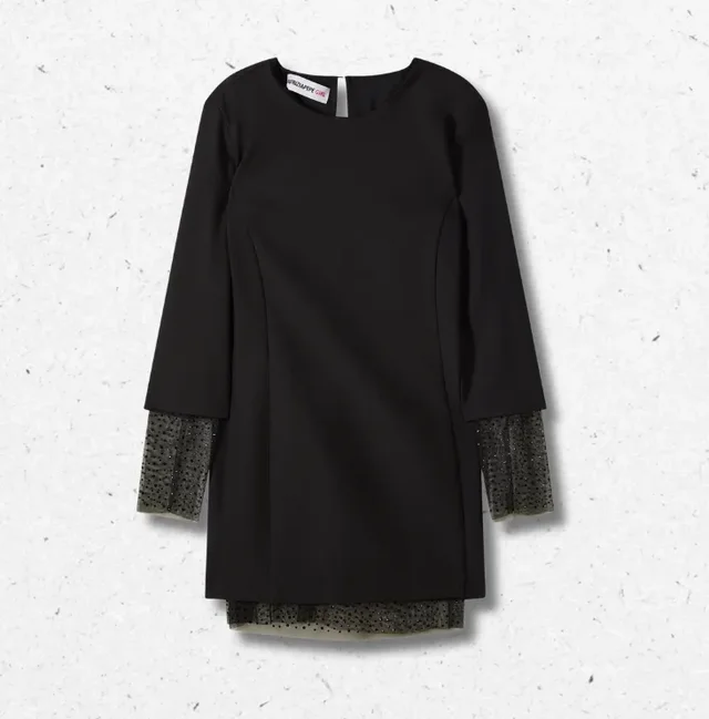 Abito Ragazza Patrizia Pepe in Punto Milano Nero con Dettagli in Tulle e Strass