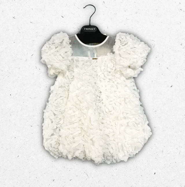 Abito Twinset Bambina Bianco a Palloncino con Fiori in Rilievo