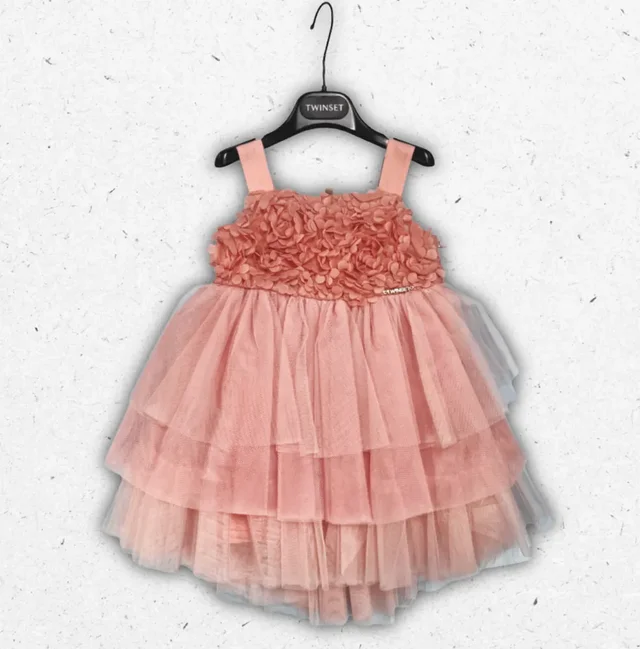 Abito Twinset Bambina Rosa in Tulle con Fiori in Rilievo