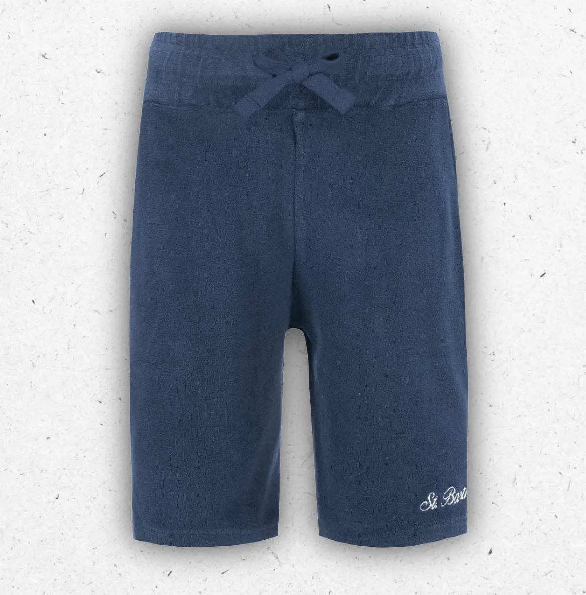 Bermuda da bambino MC2 Saint Barth modello Randle in tessuto di spugna blu navy con ricamo bianco sulla gamba.