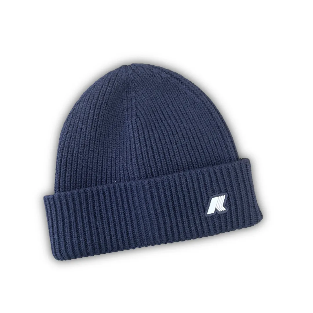 Berretto in maglia a costine K-Way per neonato/bambino di colore blu navy, con risvolto e logo bianco. Perfetto come cappello invernale o cuffia.