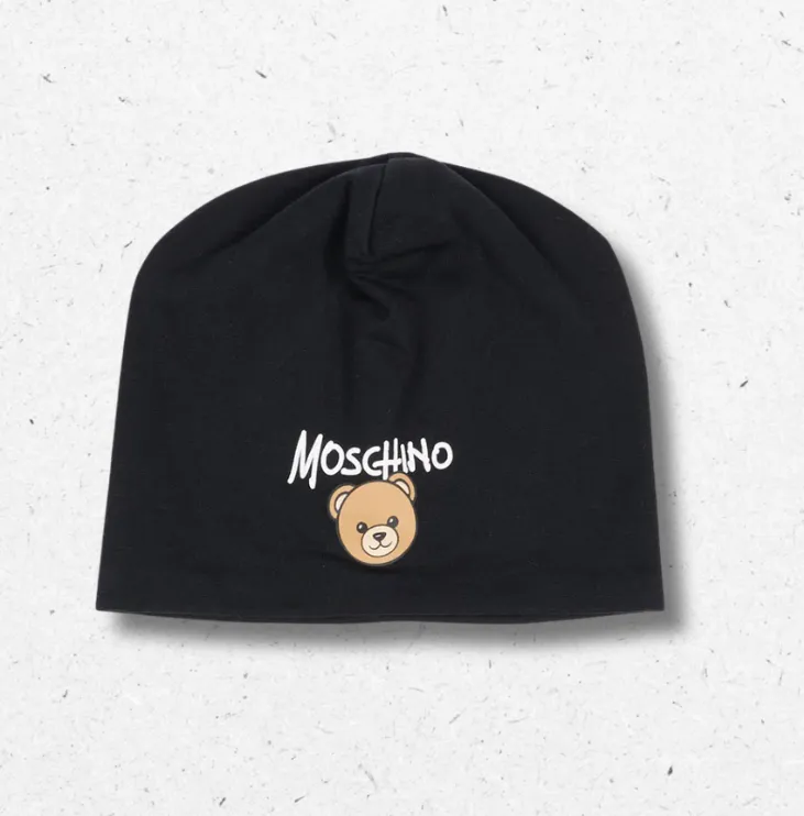 Berretto Moschino Kids bambino in cotone nero, stampa teddy bear, logo a contrasto