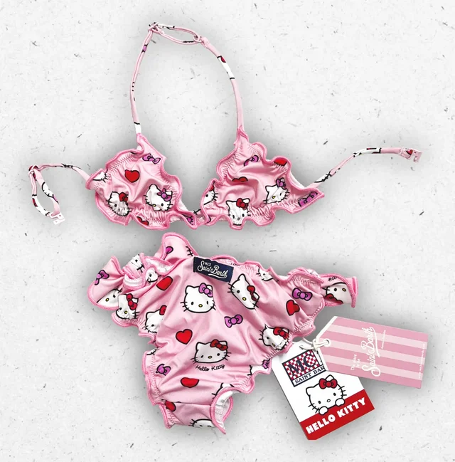 Bikini Bambina MC2 Saint Barth Cris Rosa con Stampa Hello Kitty e Bordi Arricciati