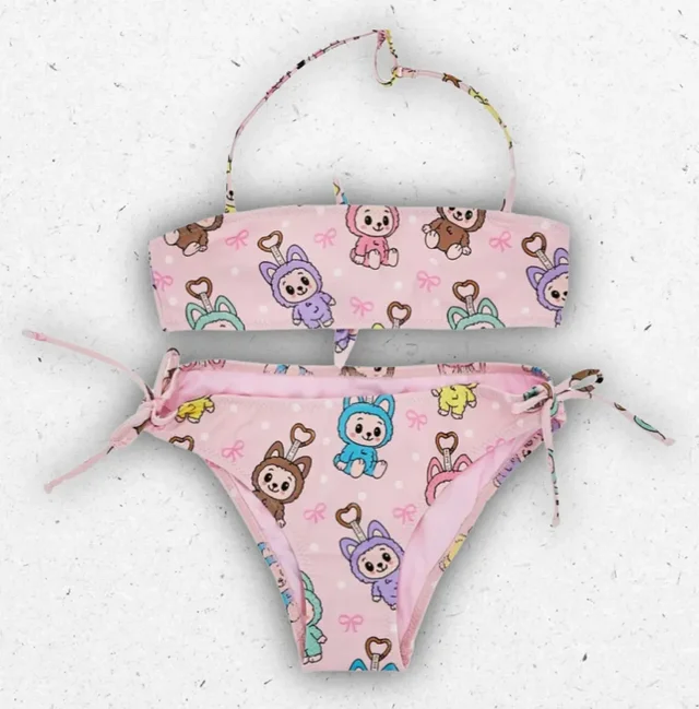 Bikini Bambina MC2 Saint Barth Labubu Rosa in Tessuto Tecnico con Fiocchetti