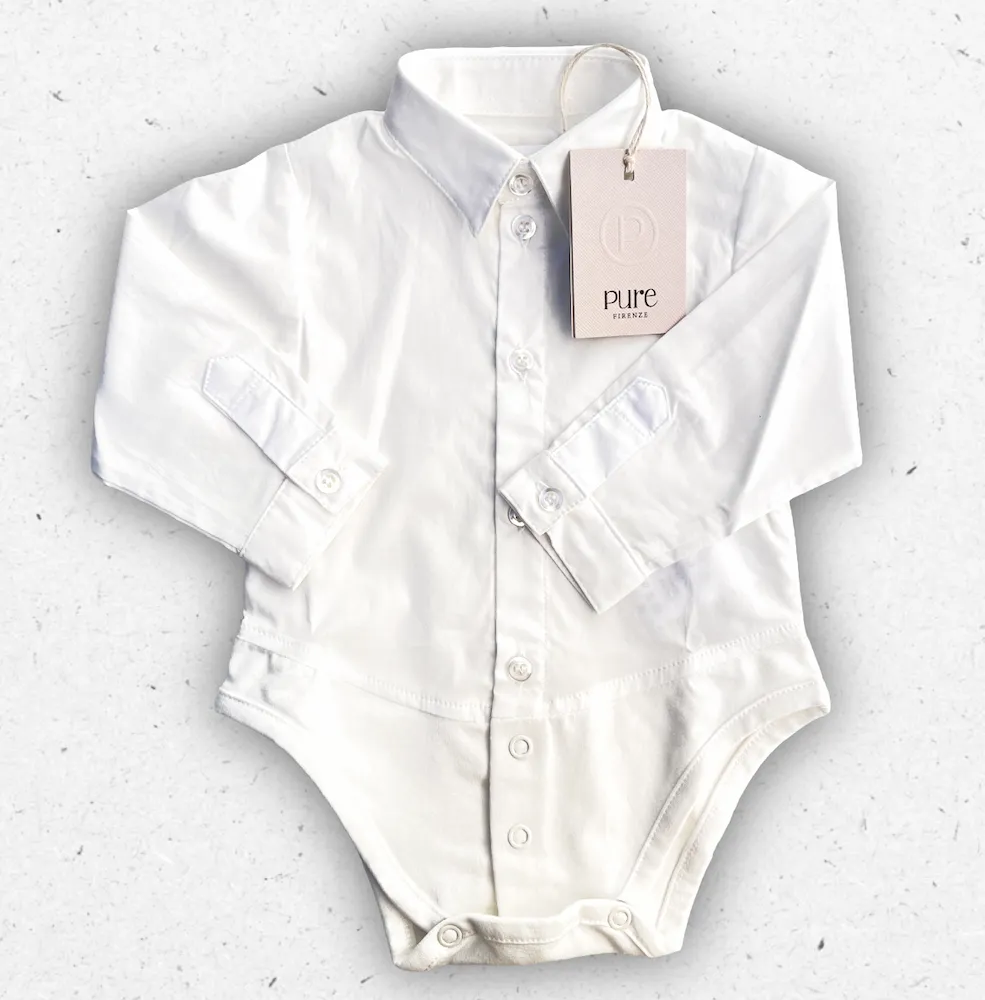 Body camicia per neonata Pure Firenze color panna, con colletto classico, maniche lunghe e bottoni frontali.