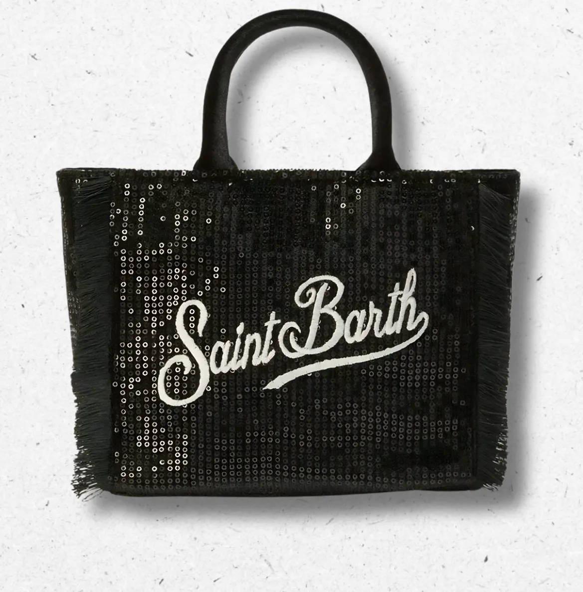 Borsa a mano da donna MC2 Saint Barth in paillettes nere con frange e tracolla regolabile.