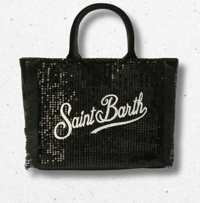 Borsa a Mano Colette MC2 Saint Barth in Paillettes Nere con Frange e Tracolla