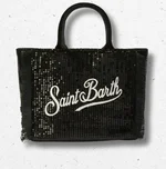 Borsa a mano da donna MC2 Saint Barth in paillettes nere con frange e tracolla regolabile. 1