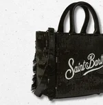 Borsa a mano da donna MC2 Saint Barth in paillettes nere con frange e tracolla regolabile. 1