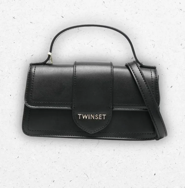 Borsa a Tracolla Ragazza Twinset Nera Effetto Nappa con Patta e Logo