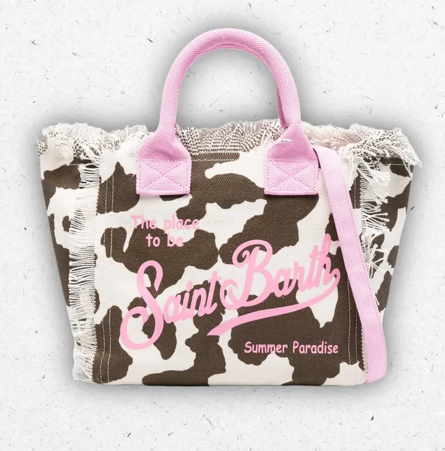 Borsa Donna MC2 Saint Barth con Frange e Stampa Muccata Marrone e Bianca