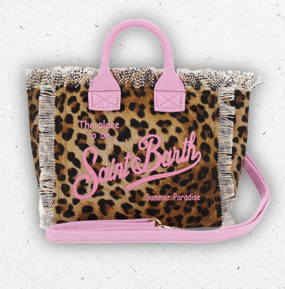 Borsa a mano Vanity Mini di MC2 Saint Barth in pelle leopardata con dettagli rosa, manici robusti e chiusura con zip.