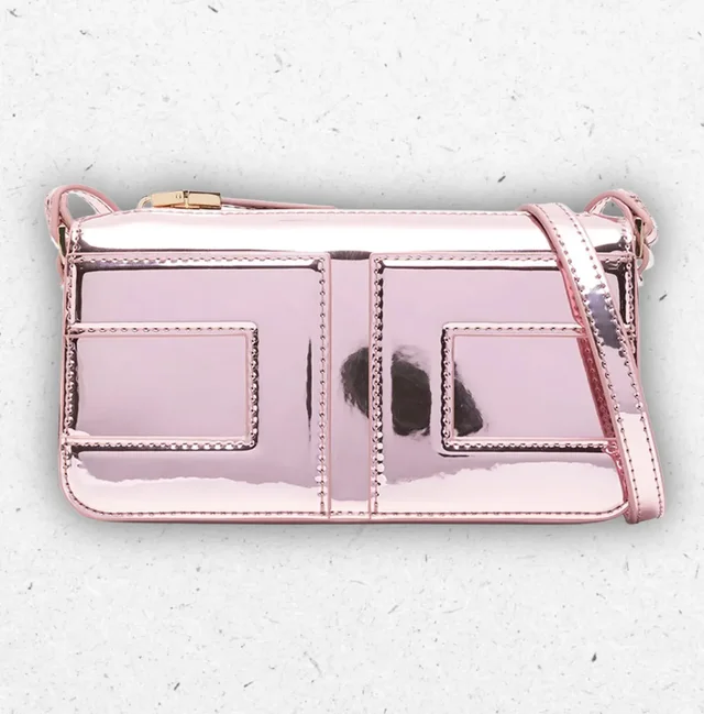 Borsa Elisabetta Franchi Tracolla Rosa Baby in Ecopelle Metallizzata con Doppia C