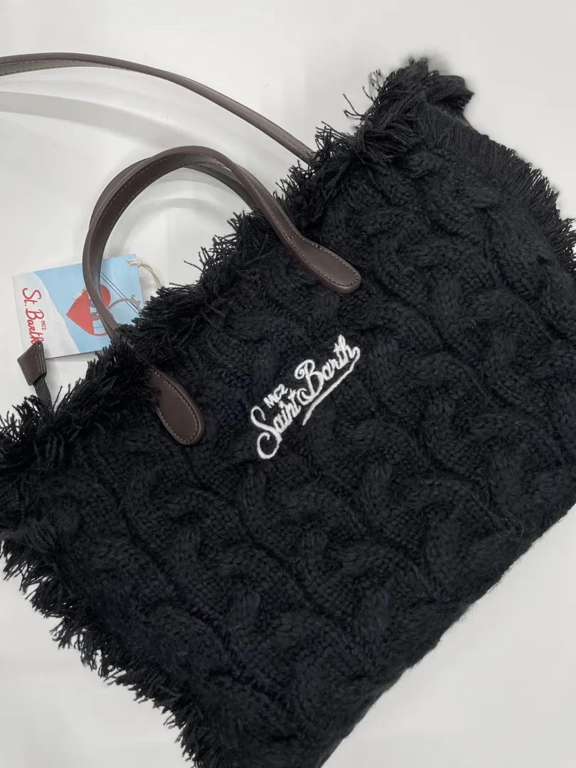 Borsa Saint Barth Colette in lana, colore nero o bianco, con logo ricamato.