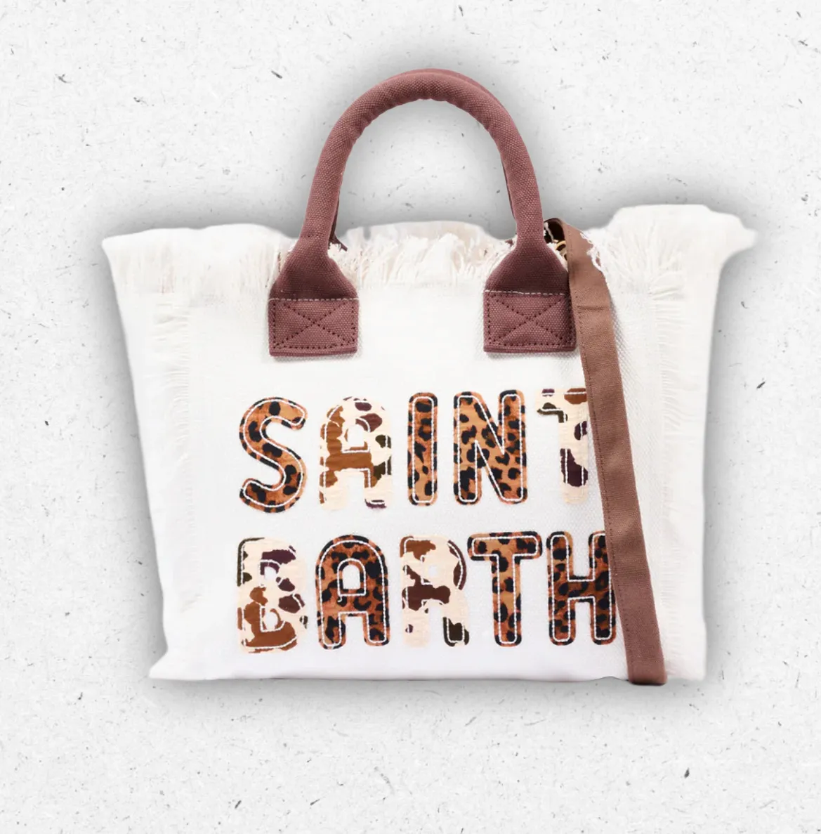 Borsa mare Colette bianca da bambina MC2 Saint Barth in canvas con profili sfrangiati, manici marroni e maxi logo animalier.