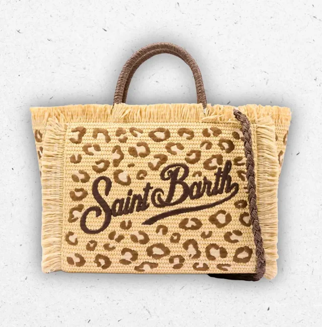 Borsa Mare MC2 Saint Barth Colette Straw Leopardata con Frange e Tracolla
