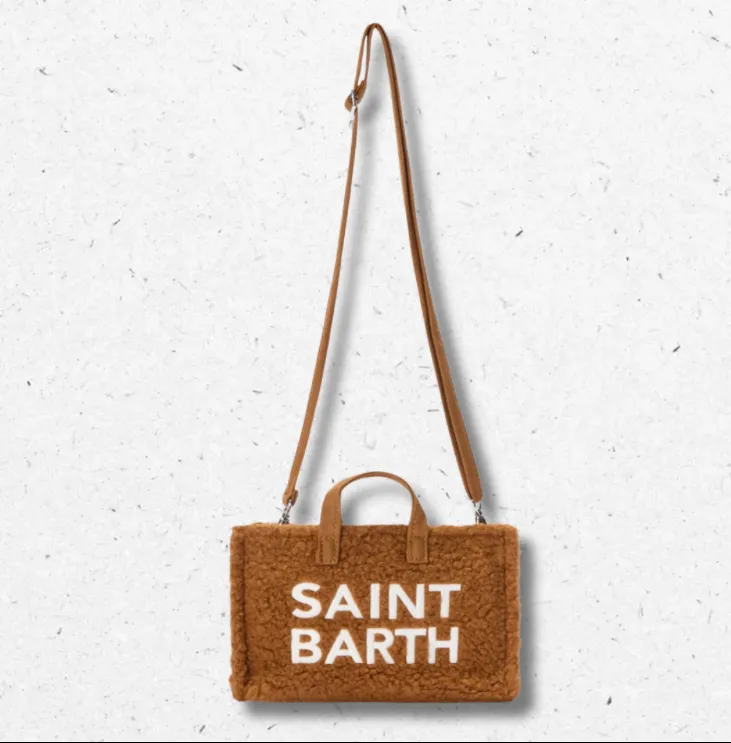 Borsa portacellulare Teddy MC2 Saint Barth in morbido tessuto peluche marrone camel con tracolla.