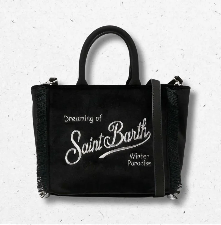 Borsa Vanity Mini MC2 Saint Barth in velluto nero con frange e tracolla regolabile.