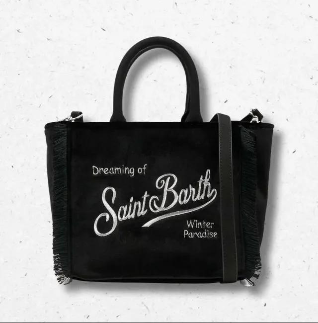 Borsa Vanity Mini MC2 Saint Barth in Velluto Nero con Tracolla e Frange