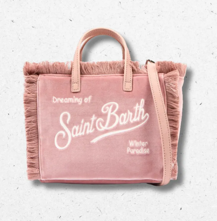 Borsa Vanity Mini da bambina MC2 Saint Barth in velluto rosa con frange e ricamo logo