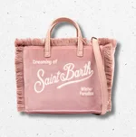 Borsa Vanity Mini da bambina MC2 Saint Barth in velluto rosa con frange e ricamo logo 1