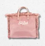Borsa Vanity Mini da bambina MC2 Saint Barth in velluto rosa con frange e ricamo logo 1