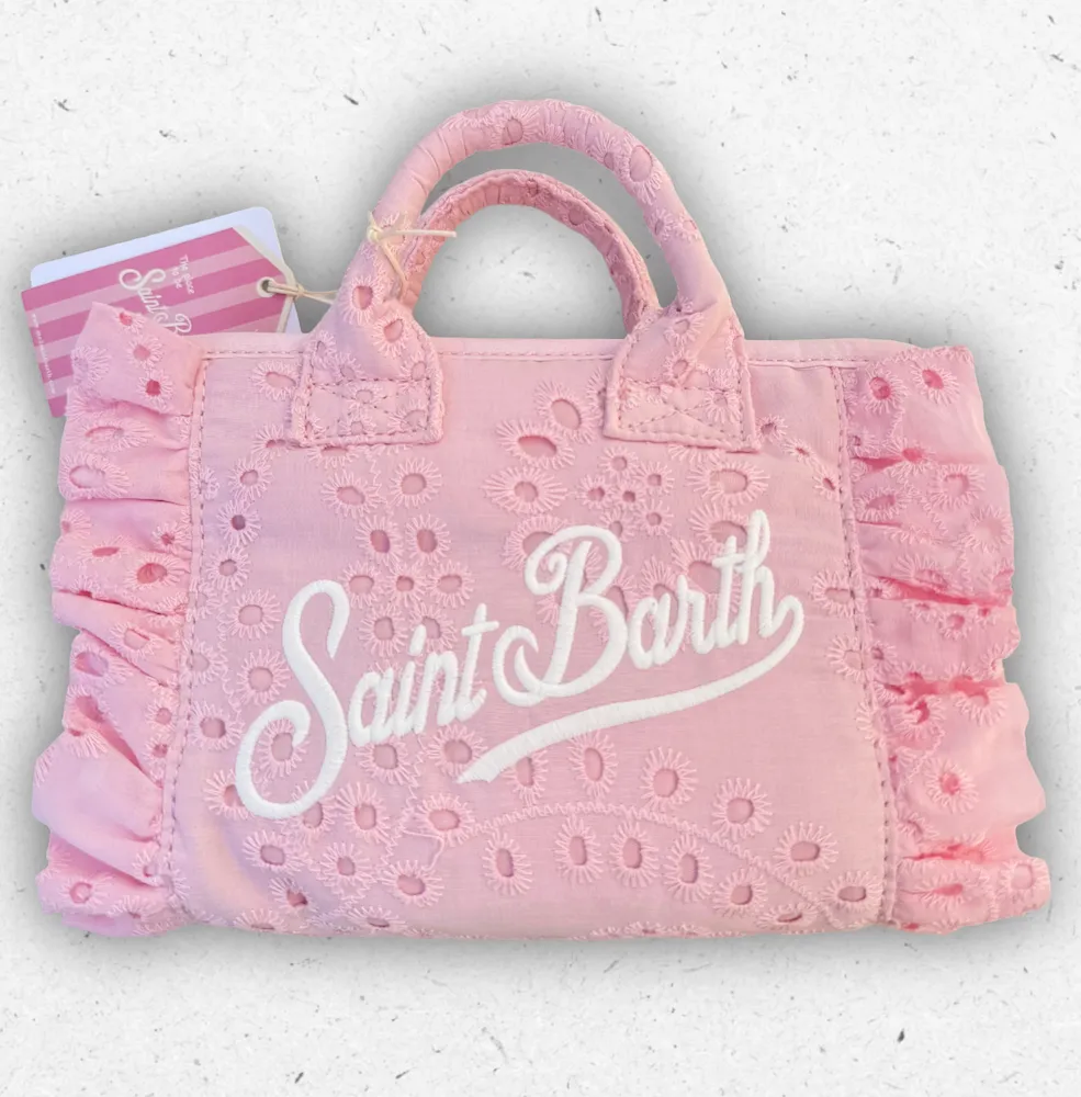 Borsa a mano Vanity Mini MC2 Saint Barth in pizzo San Gallo rosa con volant, logo frontale e manici corti.