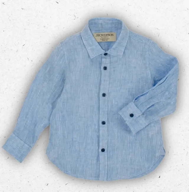 Camicia Neonati Jeckerson in Lino Celeste Oxford con Bottoni a Contrasto