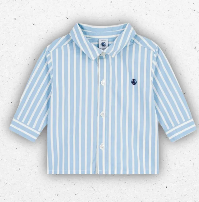Camicia Neonato Petit Bateau a Righe Tenui in Popeline di Cotone con Ricamo