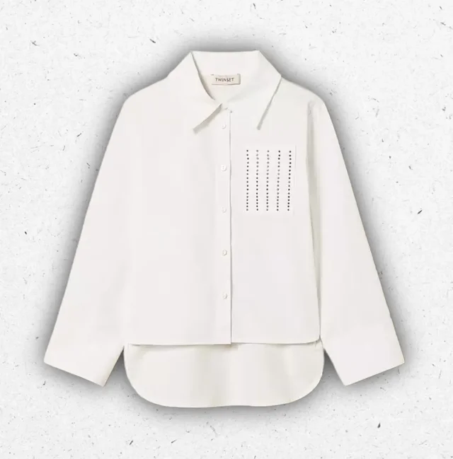 Camicia Ragazza Twinset Bianca in Popeline con Borchie e Fondo Arrotondato