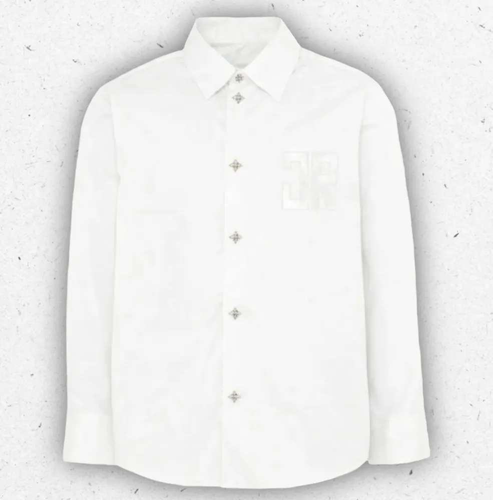 Camicia bianca in popeline di cotone John Richmond da ragazzo con logo nero stampato sul davanti e sul retro e bottoni automatici.
