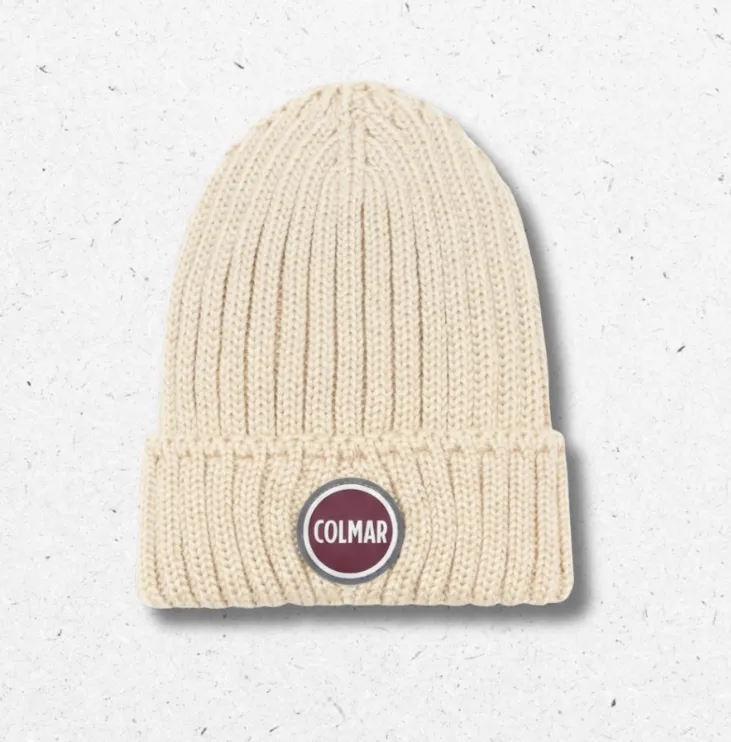 Cappello in maglia a coste con risvolto unisex Colmar Originals in misto lana con logo sul davanti disponibile nei colori blu, panna, nero e beige scuro