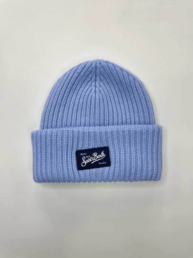 Cappello Berretto Mc2 Saint Barth Berry in maglia celeste, misto lana e cashmere con toppa logo.
