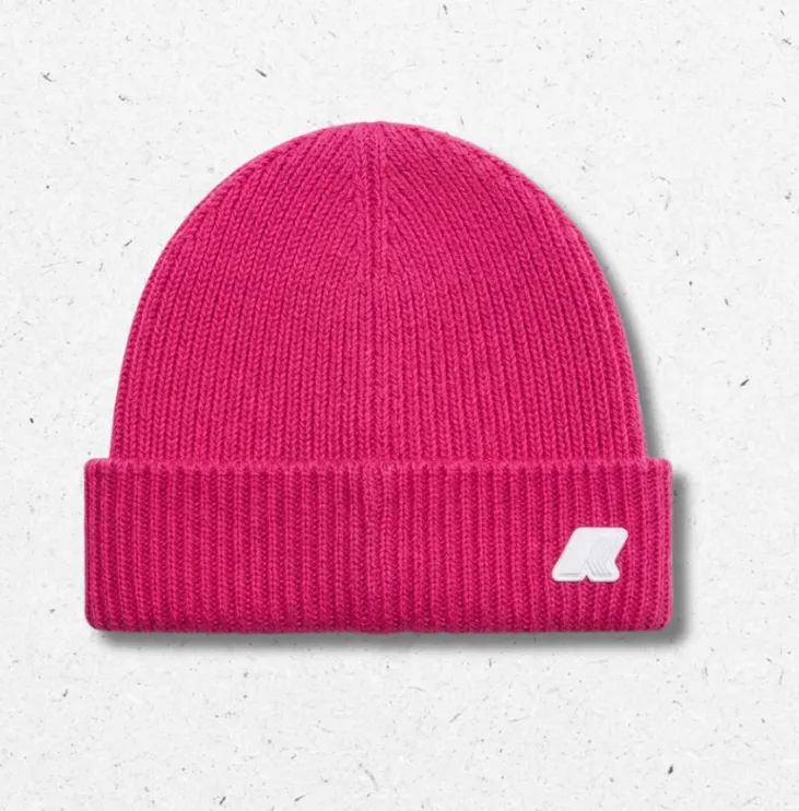 Cappello bucket da bambino P. Brice K-Way in lana a costa inglese con risvolto e logo in silicone disponibile nei colori fucsia e verde