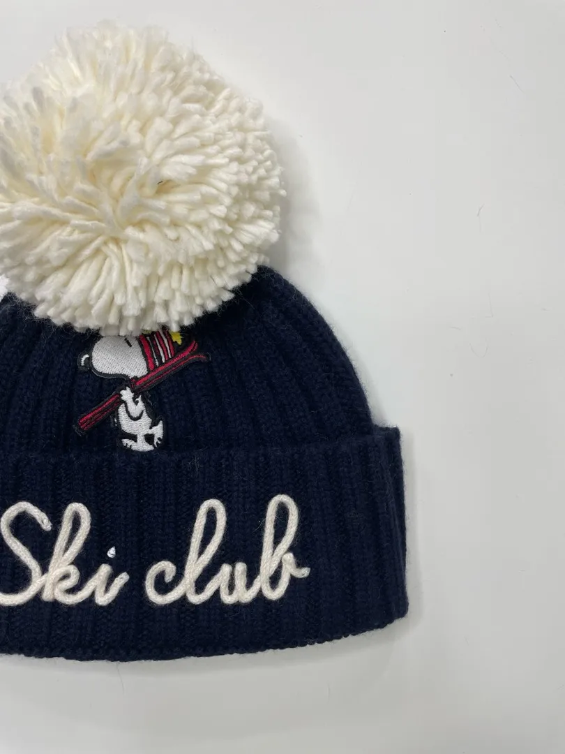 Cappello Mc2 Saint Barth con pompon, di colore blu, con logo SNOOPY PISTA SKI CLUB.