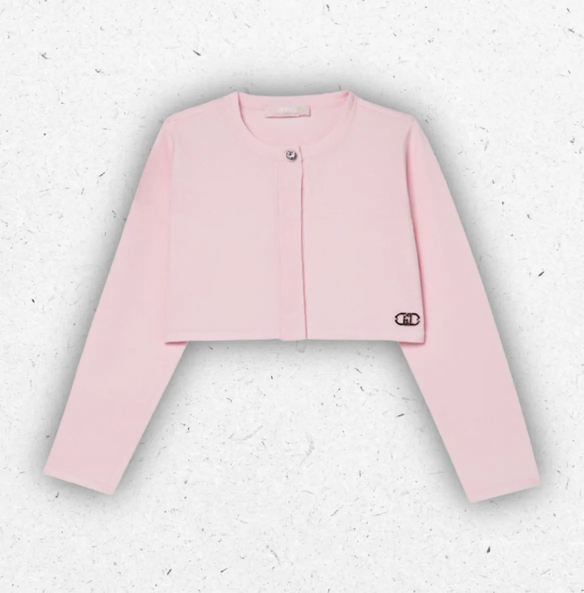 Cardigan rosa pastello da bambina Liu Jo in morbido jersey di viscosa con chiusura a girocollo e bottone gioiello luminoso.