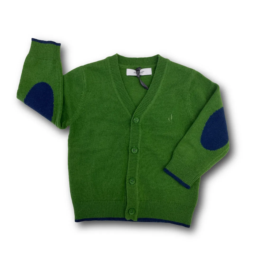 Cardigan Jeckerson per neonato in lana, colore verde mela, con toppe sui gomiti e bordi in blu scuro.